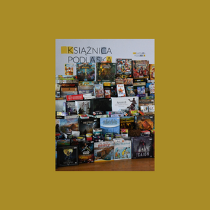 Kolorowe pudełka zawierające gry planszowe, w tle logo Książnicy Podlaskiej.