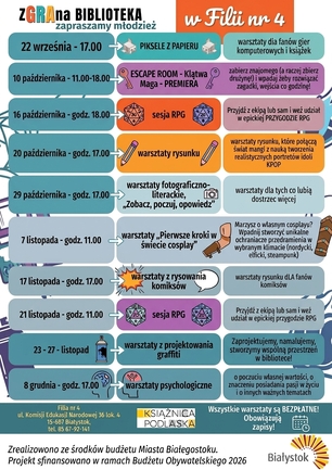 Plakat informujący o warsztatach dla młodzieży odbywających się w ramach projektu zGRAna biblioteka