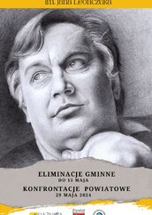 Grafika czarno-biała przedstawiająca poetę Jana Leończuka, niżej informacje o konkursie i logotypy.