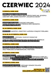 Program czerwcowych imprez, powyżej logotyp książnicy podlaskiej, poniżej informacje i logo Facebooka.