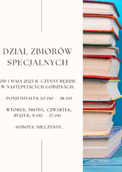Grafika informacyjna. Po lewej stronie tekst o godzinach otwarcia Działu Zbiorów Specjalnych od 1 maja 2025 roku. Po prawej stronie stos kolorowych książek na tle niebieskiej ściany.