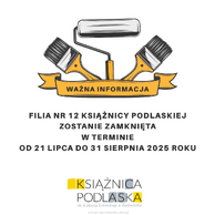 Grafika informacyjna na białym tle. U góry znajduje się rysunek wałka malarskiego i dwóch pędzli, pod nimi żółta wstęga z napisem 