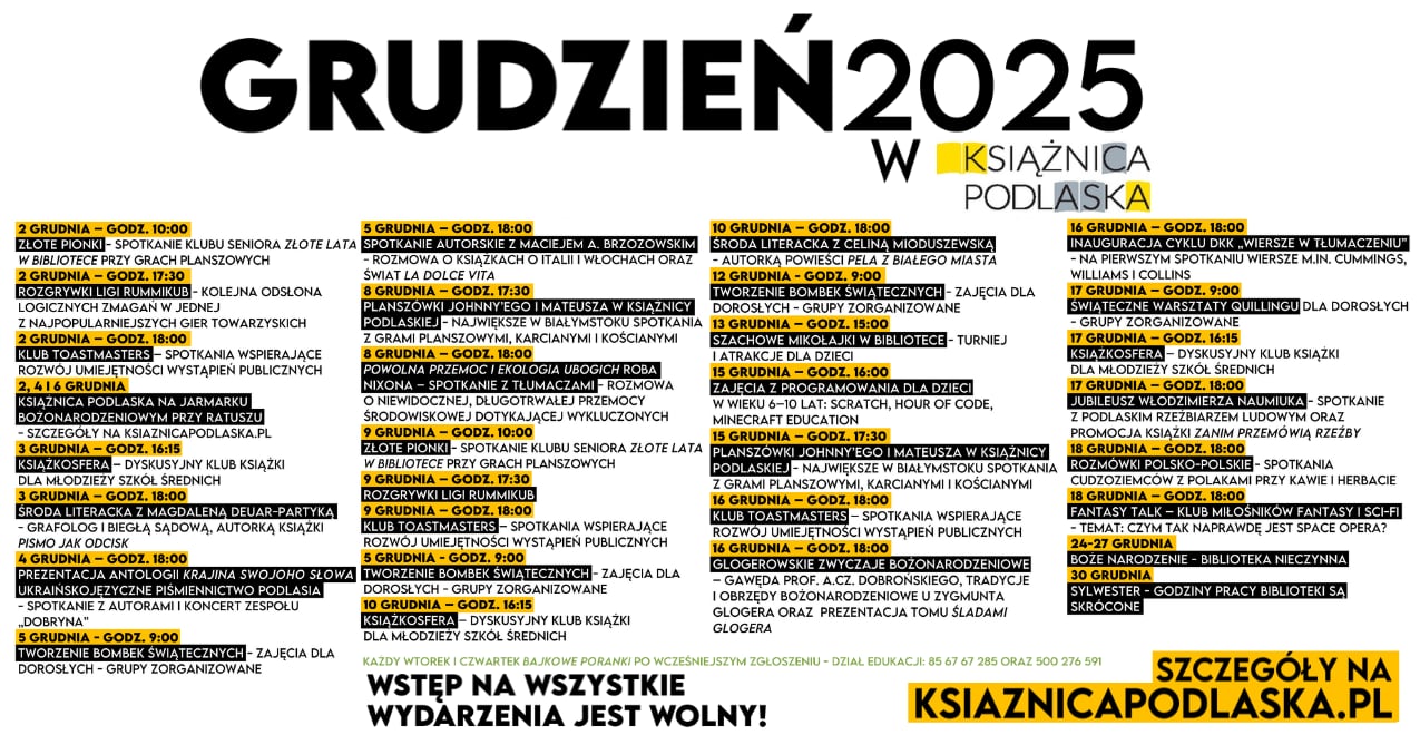 Plakat z harmonogramem wydarzeń w Książnicy Podlaskiej na grudzień 2025 roku. Zawiera daty, godziny i opisy spotkań, warsztatów, kiermaszów oraz zajęć (np. rozmowy o książkach, Toastmasters, spotkania autorskie, zajęcia z programowania, Glogerowskie Zwiastowanie Bożonarodzeniowe). Informuje, że wstęp na wszystkie wydarzenia jest wolny, a szczegóły znajdują się na stronie ksiaznicapodlaska.pl.