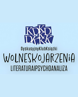Grafika promująca Dyskusyjny Klub Książki „Wolne Skojarzenia”. Na jasnoniebieskim tle znajduje się logo DKK oraz napis: „Dyskusyjny Klub Książki – Wolne Skojarzenia. Literatura i psychoanaliza”.