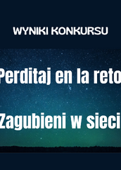 Grafika przedstawia nocne niebo pełne gwiazd w odcieniach granatu i zieleni. Na górze znajduje się napis w języku polskim: „WYNIKI KONKURSU” w białej, pogrubionej czcionce. Poniżej, na tle gwiaździstego nieba, widnieją dwa duże napisy:

w języku esperanto: „Perditaj en la reto”
w języku polskim: „Zagubieni w sieci”

Całość ma charakter informacyjny, promujący wyniki konkursu literackiego o temacie „Zagubieni w sieci” / „Perditaj en la reto”.