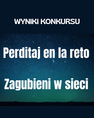 Grafika przedstawia nocne niebo pełne gwiazd w odcieniach granatu i zieleni. Na górze znajduje się napis w języku polskim: „WYNIKI KONKURSU” w białej, pogrubionej czcionce. Poniżej, na tle gwiaździstego nieba, widnieją dwa duże napisy:

w języku esperanto: „Perditaj en la reto”
w języku polskim: „Zagubieni w sieci”

Całość ma charakter informacyjny, promujący wyniki konkursu literackiego o temacie „Zagubieni w sieci” / „Perditaj en la reto”.