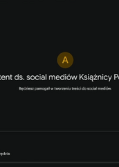Ekran aplikacji Gemini z ciemnym tłem, na środku widoczny napis „Asystent ds. social mediów Książnicy Podlaskiej” oraz pod nim tekst „Będziesz pomagał w tworzeniu treści do social mediów”. U dołu znajduje się pasek wprowadzania tekstu z rozpoczętym słowem „Nap”, obok przycisk „Szybki” i ikona strzałki. W lewym górnym rogu widoczne jest logo Gemini, a w prawym górnym rogu napis „PLUS”.