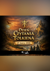 Grafika promująca „Dzień Czytania Tolkiena”. Na ilustracji w fantastycznym krajobrazie widać góry, zamek na skale, kamienny most nad rzeką oraz trzech wędrowców idących ścieżką. Na środku znajduje się napis „Dzień Czytania Tolkiena”, poniżej data: 25 marca 2026. Na dole umieszczono logo Książnicy Podlaskiej.