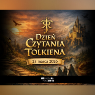 Grafika promująca „Dzień Czytania Tolkiena”. Na ilustracji w fantastycznym krajobrazie widać góry, zamek na skale, kamienny most nad rzeką oraz trzech wędrowców idących ścieżką. Na środku znajduje się napis „Dzień Czytania Tolkiena”, poniżej data: 25 marca 2026. Na dole umieszczono logo Książnicy Podlaskiej.