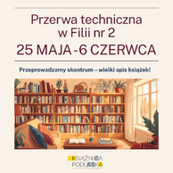 13:02Claude responded: Grafika informacyjna Książnicy Podlaskiej im.Grafika informacyjna Książnicy Podlaskiej im. Łukasza Górnickiego w Białymstoku na jasnobeżowym tle. U góry duży napis w kolorze ciemnogranatowym: „Przerwa techniczna w Filii nr 2