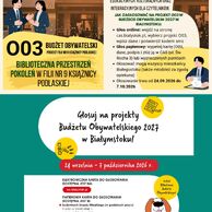 Plakat promocyjny Budżetu Obywatelskiego 2027 w Białymstoku zachęcający do głosowania na projekt nr 003 „Biblioteczna Przestrzeń Pokoleń w Filii nr 9 Książnicy Podlaskiej” w dniach 24 września – 7 października 2026 r.